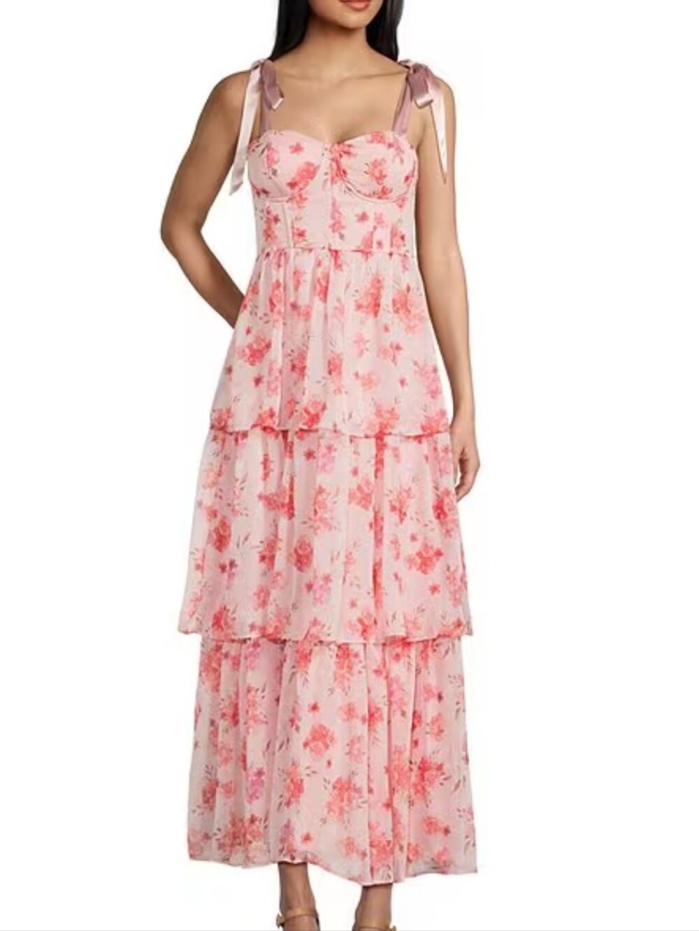 Pink Floral Tiered Maxi Dress with Tie Straps